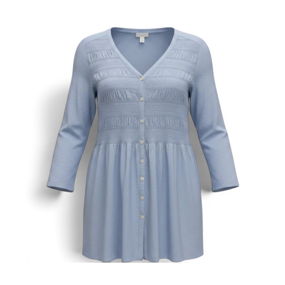 J. Jill Smocked Button Front Top 2X Blue Coastal Cottagecore Peplum Slub Knit